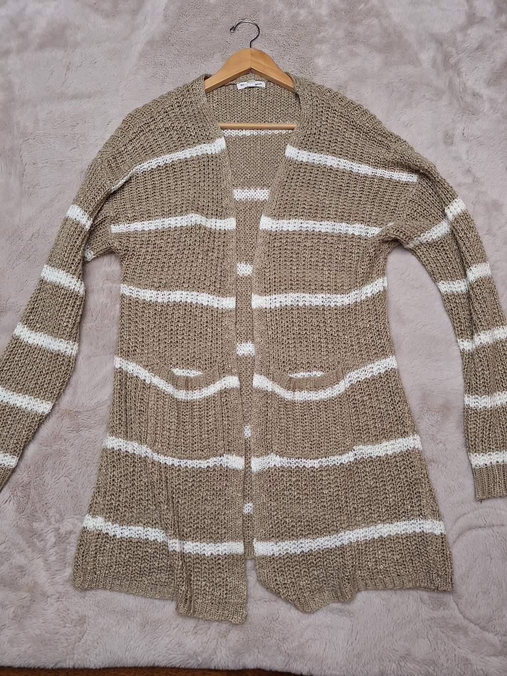 Newbury Kustom Striped Chunky Knit Open Front Cardigan Medium Neutral Boho